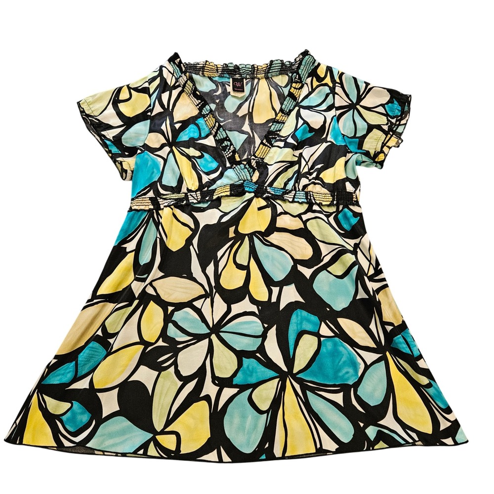 Vintage Wrapper Womens XL Floral Empire Waist Top V-Neck Smocked Babydoll Yellow